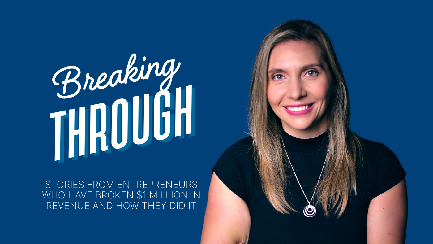 Breaking Through promotional banner featuring Mariya Yurukova, co-founder of Charity Search Group. She is smiling and wearing a black top with a silver pendant necklace. The background is blue with bold white text that reads: “Breaking Through – Stories from Entrepreneurs Who Have Broken $1 Million in Revenue and How They Did It.”