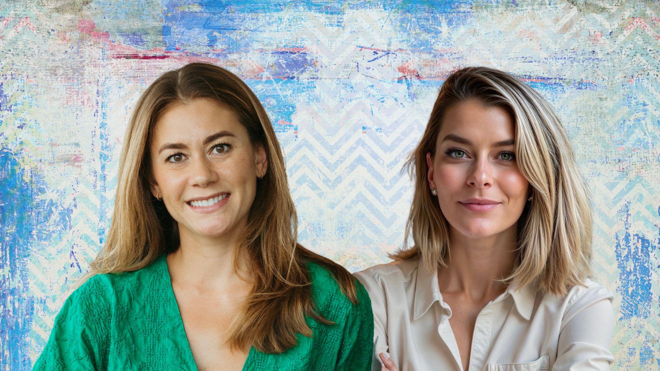 Katie Fritts and Jackie Little, co-founders of Petite Frites, stand smiling in front of a vibrant textured background with blue, purple, and white tones featuring a zigzag pattern. Katie, on the left, wears a bright green top with loose hair; Jackie, on the right, wears a cream blouse and has a sleek blonde bob. The image conveys creativity, confidence, and approachability.