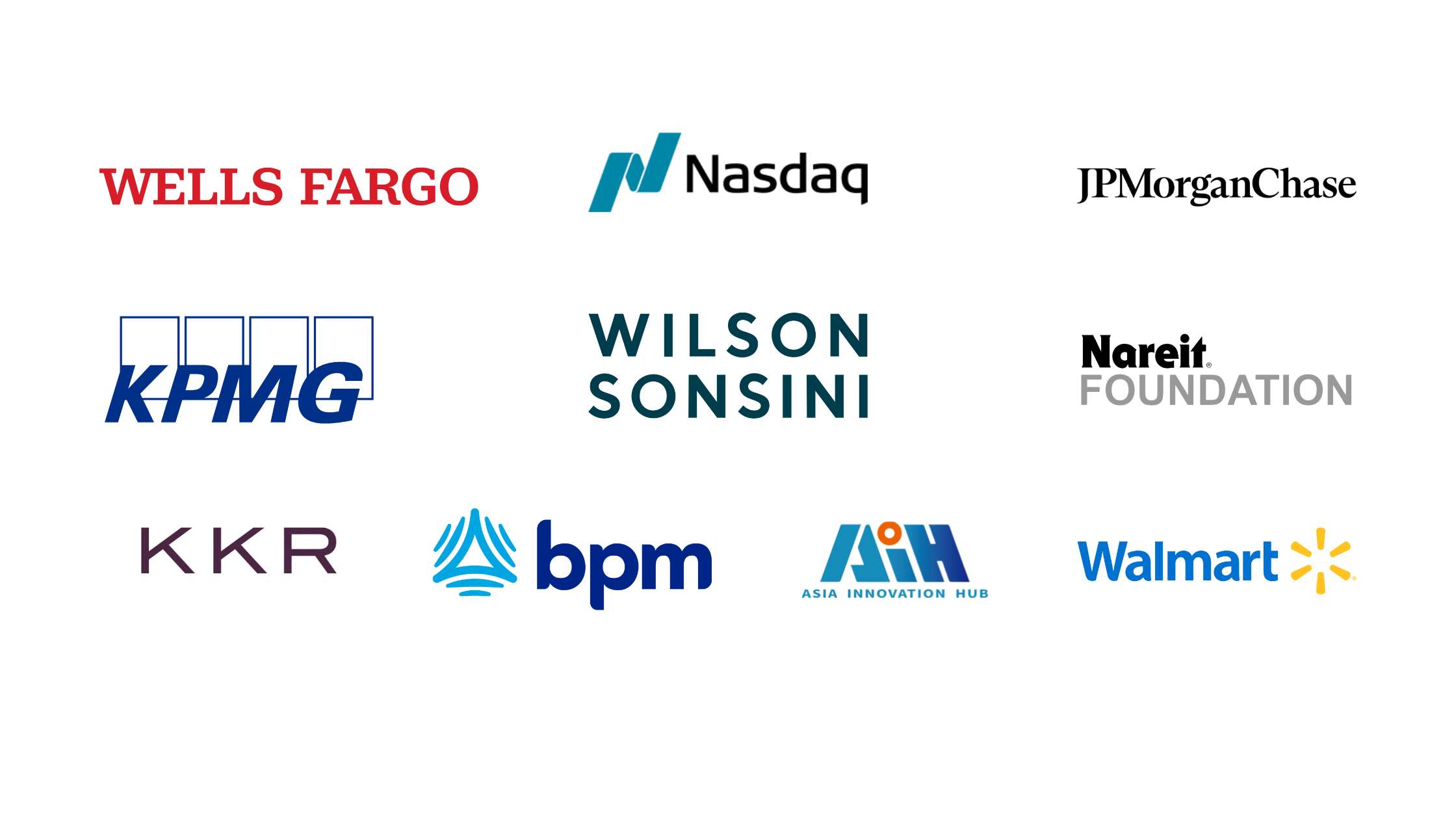 Banner with sponsors - Wells Fargo, Nasdaq, JPMorgan Chase, KPMG, Wilson Sonsini, Nareit FOundation, KKR, BPM, AIH, Walmart